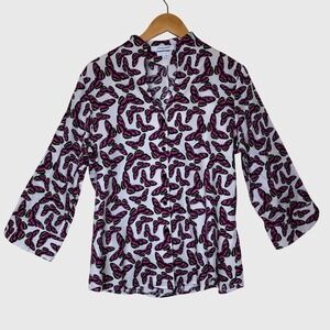 Foxcroft NYC Butterfly Print‎ 3/4 Sleeve Button Down Fitted Top Size 14